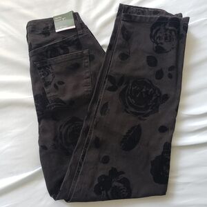 Wild Fable High Rise Straight Leg Black Jeans With Velvet Rose Flocking Detail